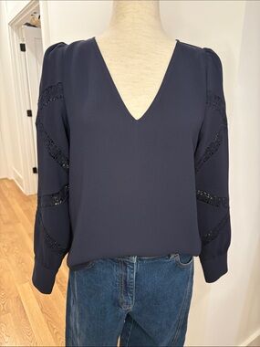 Sezane V-Neck Navy Blouse